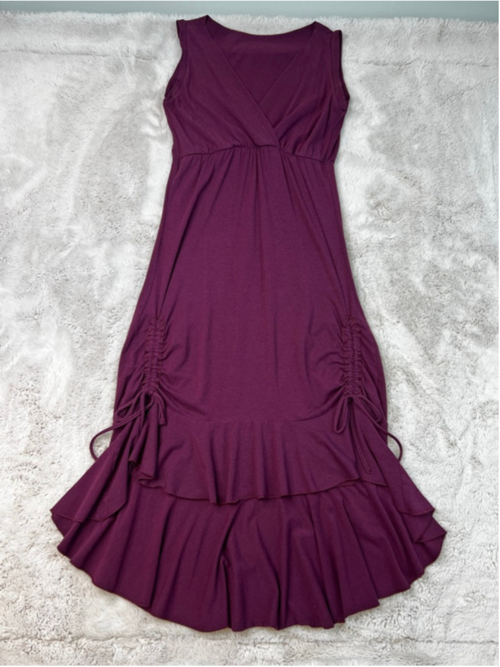 Maha Devi Design Purple Sleeveless Dress Size Medium Ruffle Vneck Stretchy